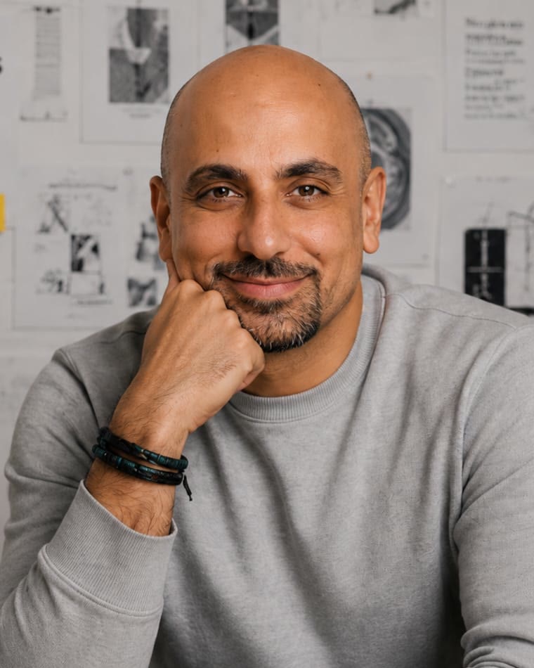 John Tawfik at his desk in front of a wall of sketches